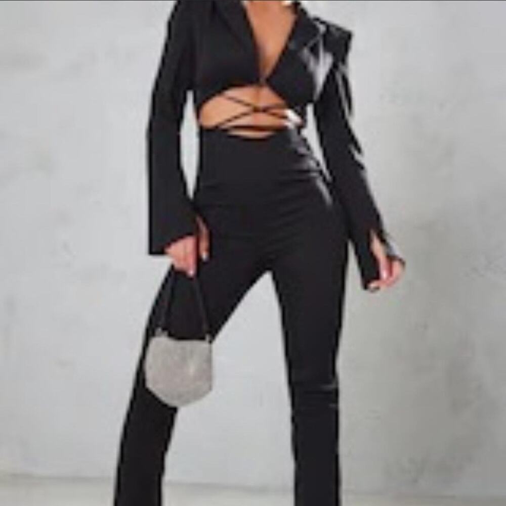 NEW! PrettyLittleThings Black Split Hem Tie Waist Cutout Blazer Jumpsuit Size 12